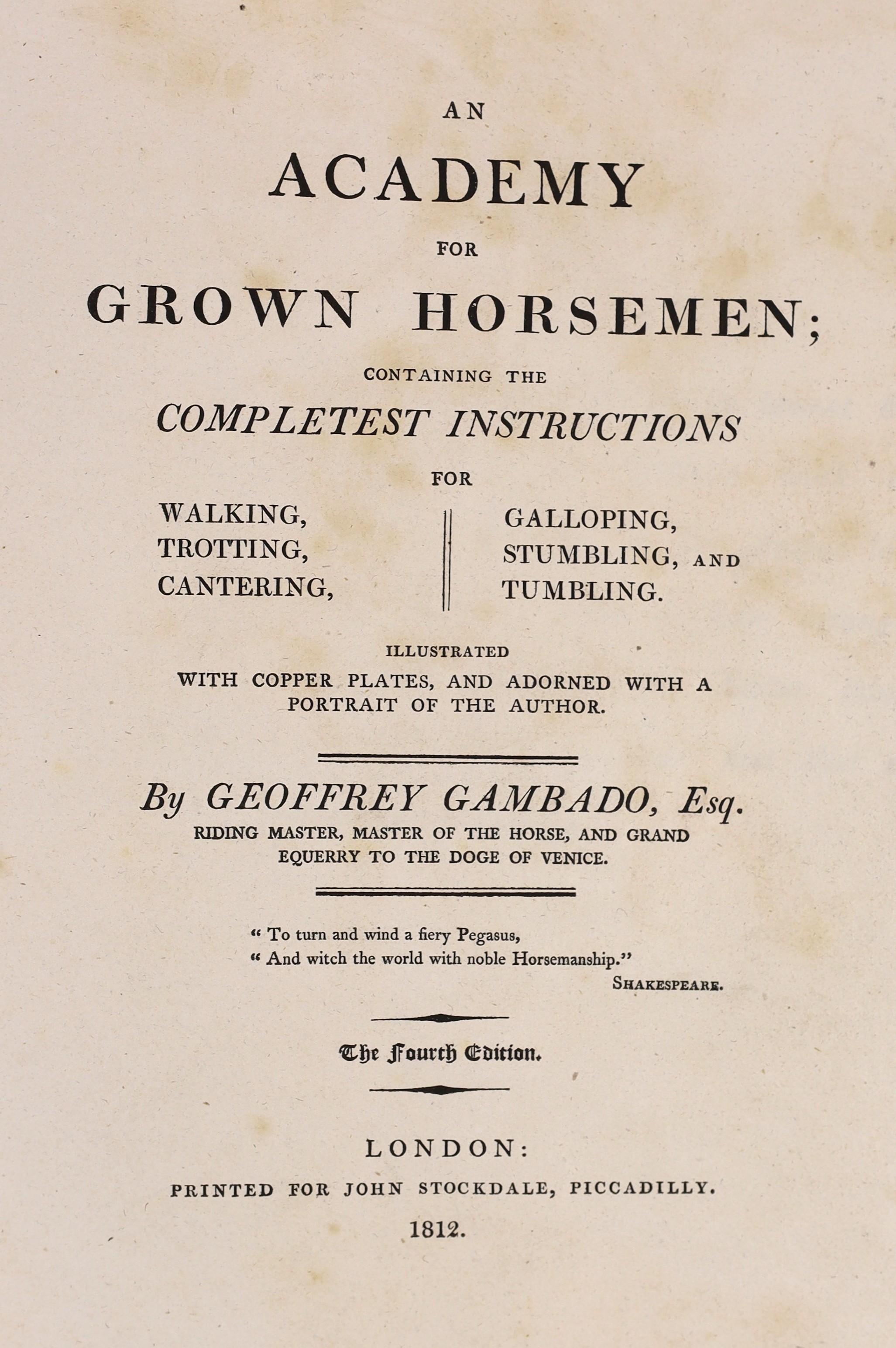 Bunbury, Henry W, - An Academy for Grown Horseman, 4th edition, illustrated by Thomas Rowlandson, with 14 uncoloured plates, bound with Annals of Horsemanship, with uncoloured 15 plates, 2 vols in 1, 4to, grained red mor